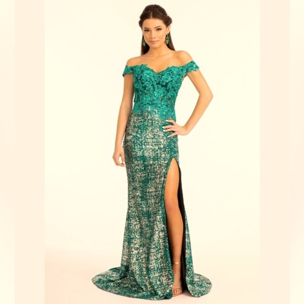 Glamorous Teal Off-Shoulder Sequin Gown